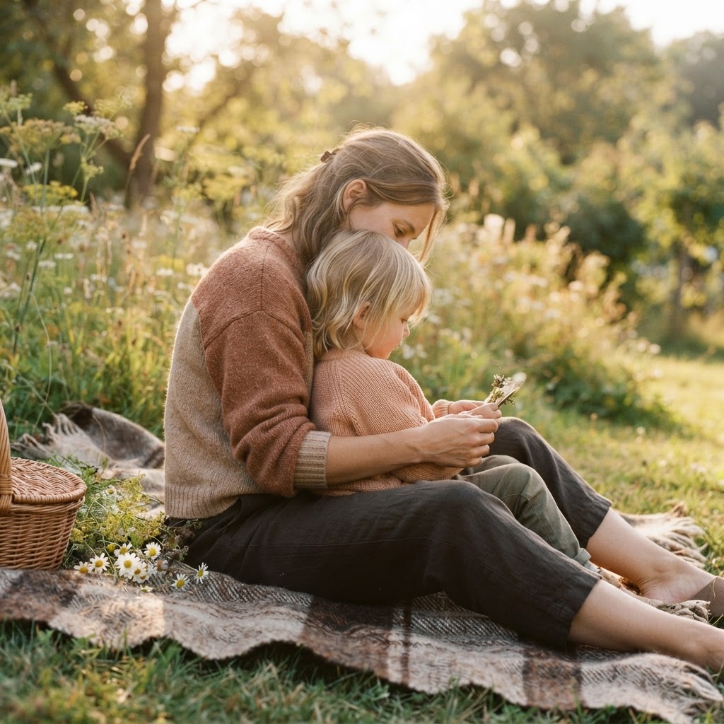 A parent and child sharing a quiet, warm moment together
