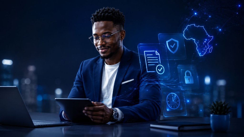 African professional confidently managing verified intellectual property records with LutinX