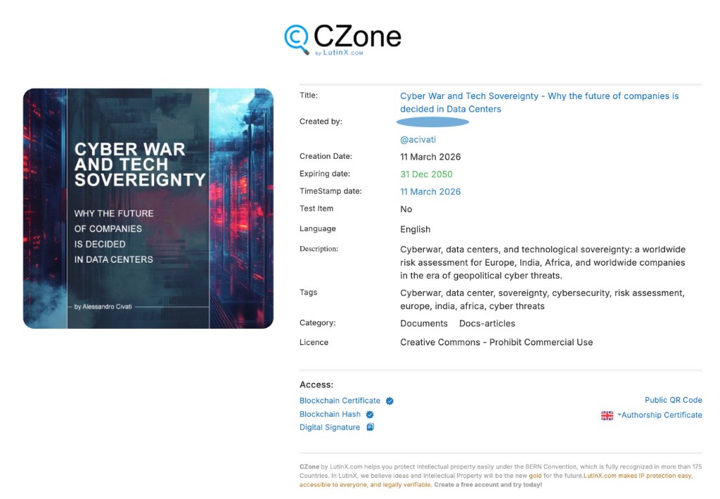 Example of a public LutinX intellectual property registration page showing authorship and verification data