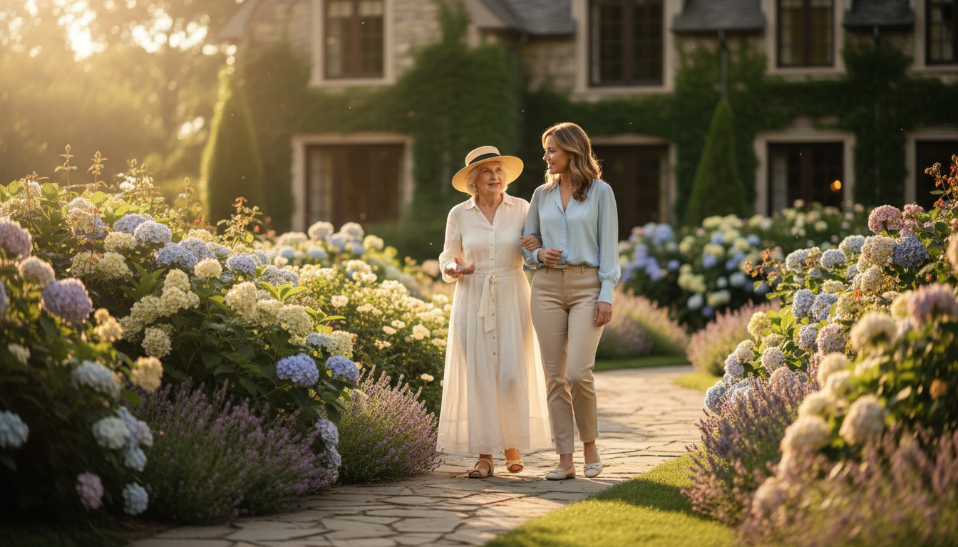 Caregiver accompanying elderly person on a gentle garden walk
