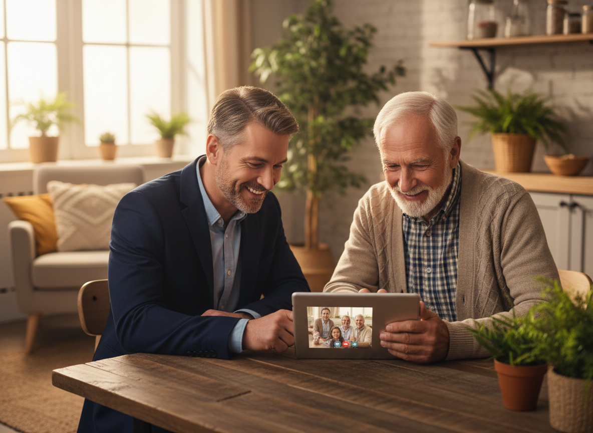 Caregiver helping elderly gentleman use a tablet at kitchen table