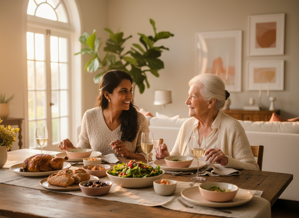 Caregiver sharing a warm meal with an elderly woman in a sunlit dining room