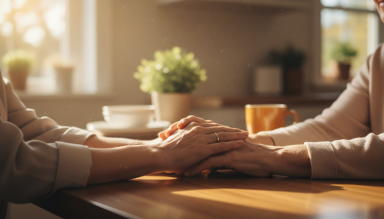 Close-up of caregiver hands gently holding elderly person's hands