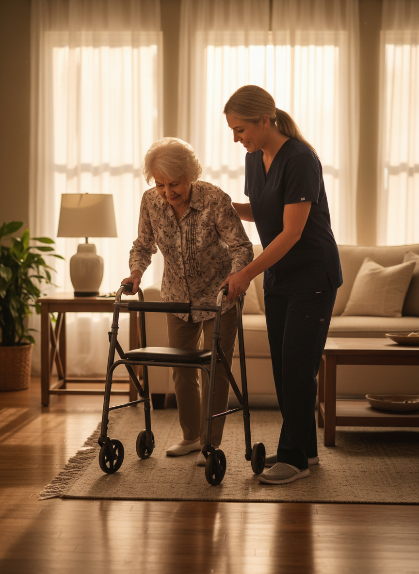 Compassionate caregiver assisting an elderly woman in a sunlit living room