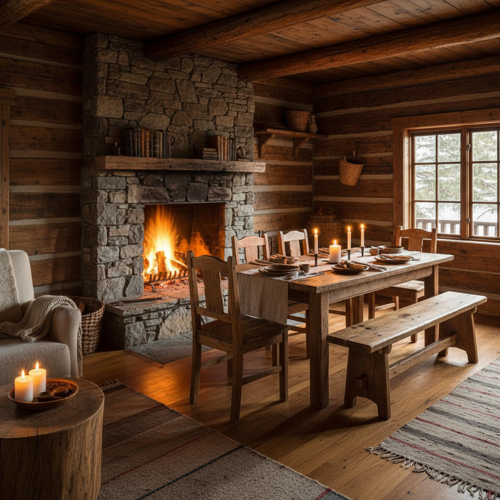 Luxury log cabin interior with roaring fireplace
