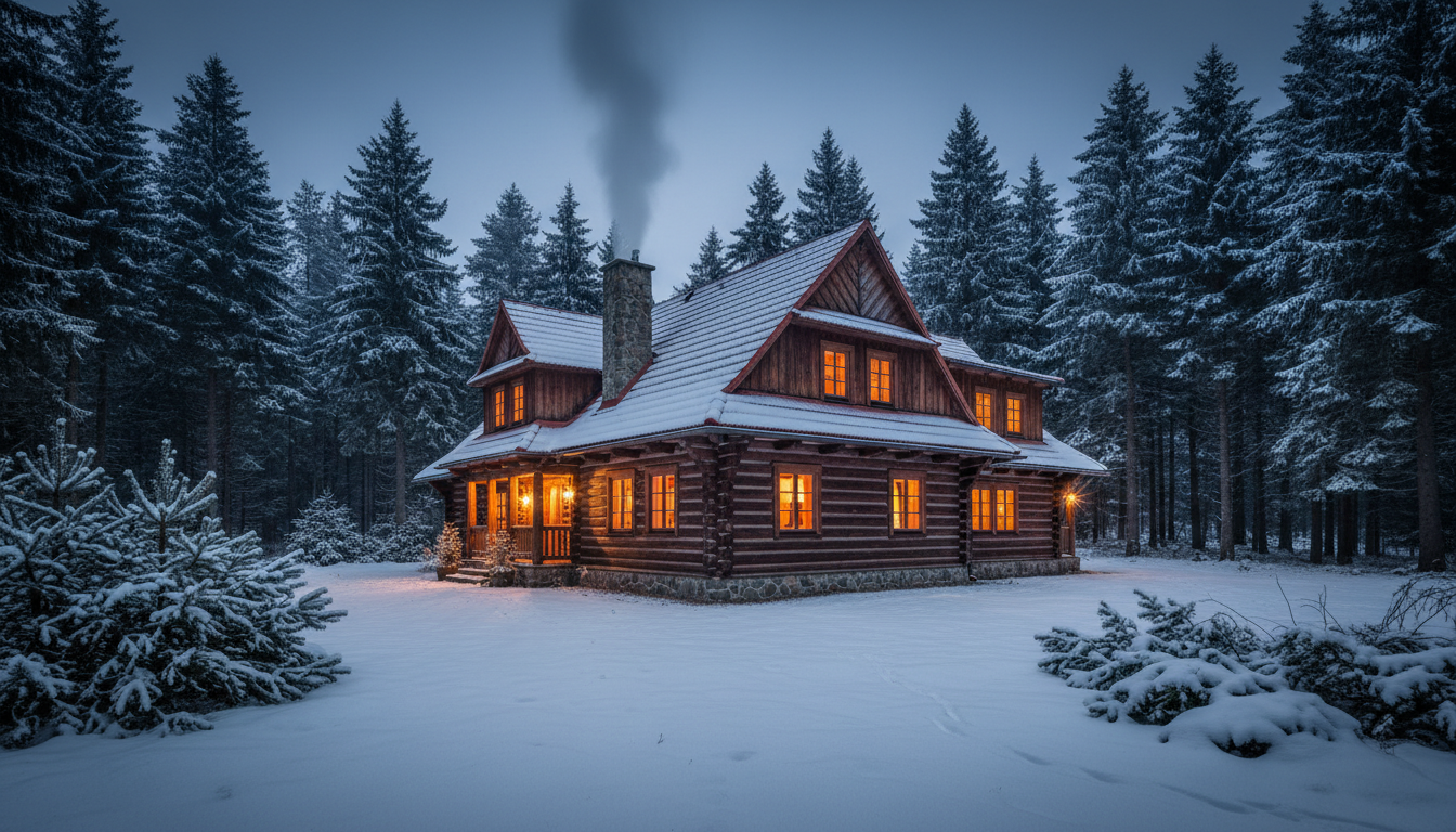 Traditional Czech log cabin exterior at dusk
