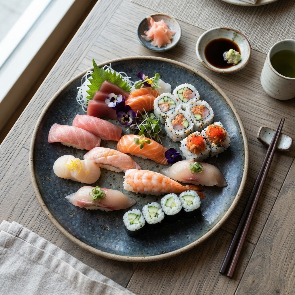 Erzeugtes Bild von Sushi auf einem Holzbrett