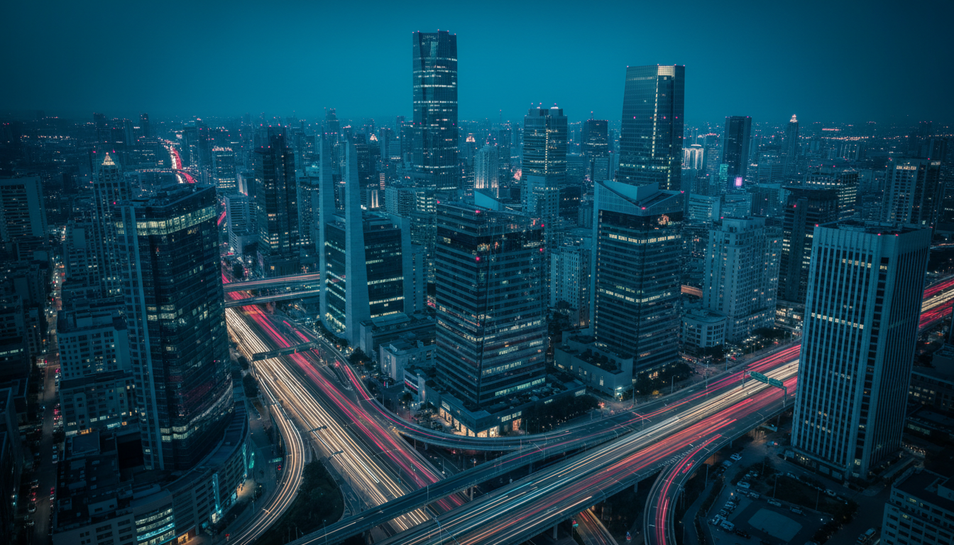 Global financial district at dusk