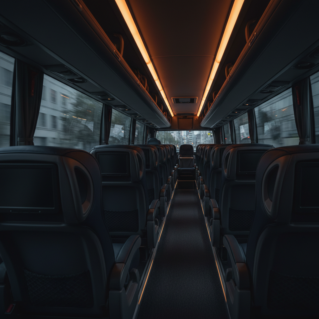 Interior of charter bus with comfortable seats