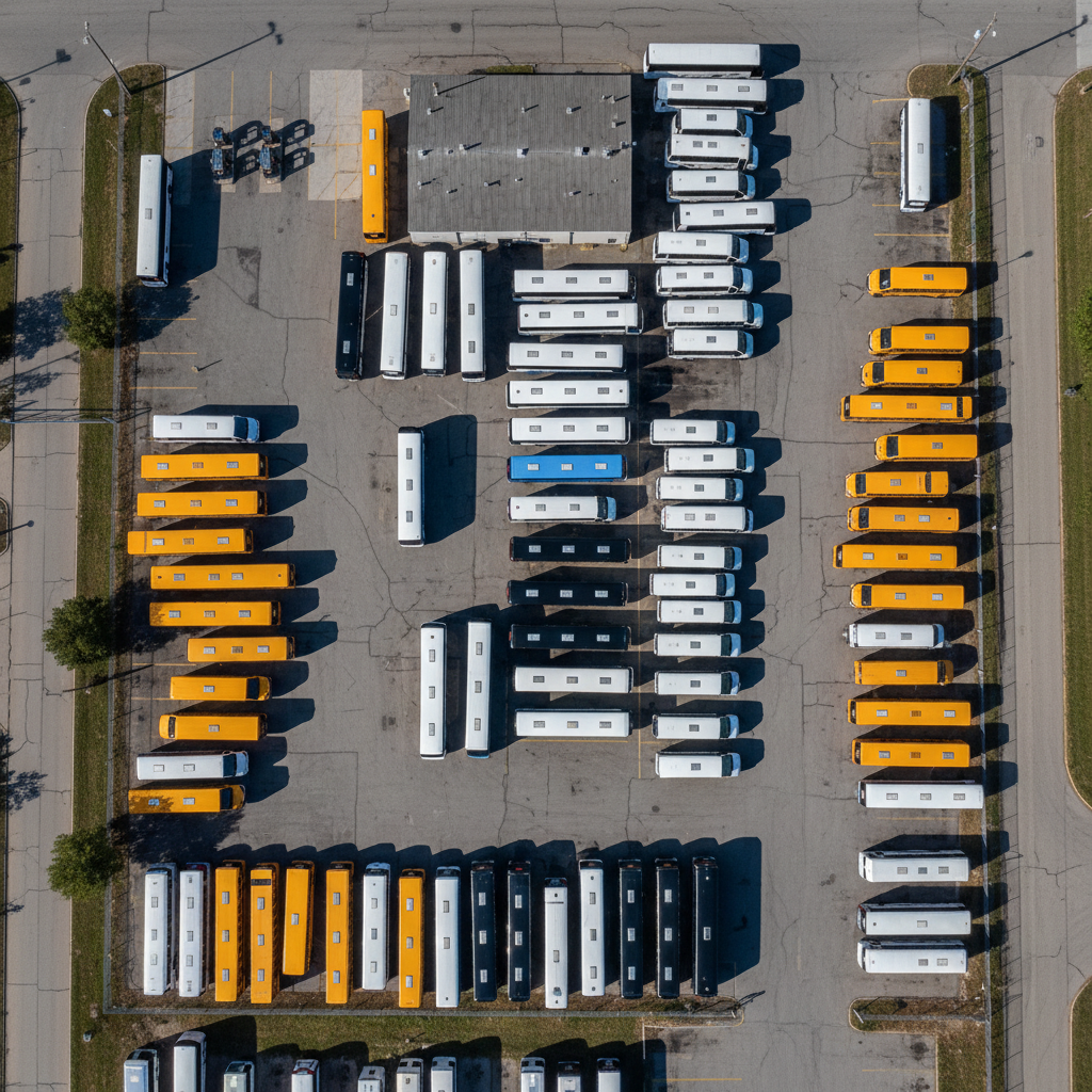 Fleet of charter buses from above