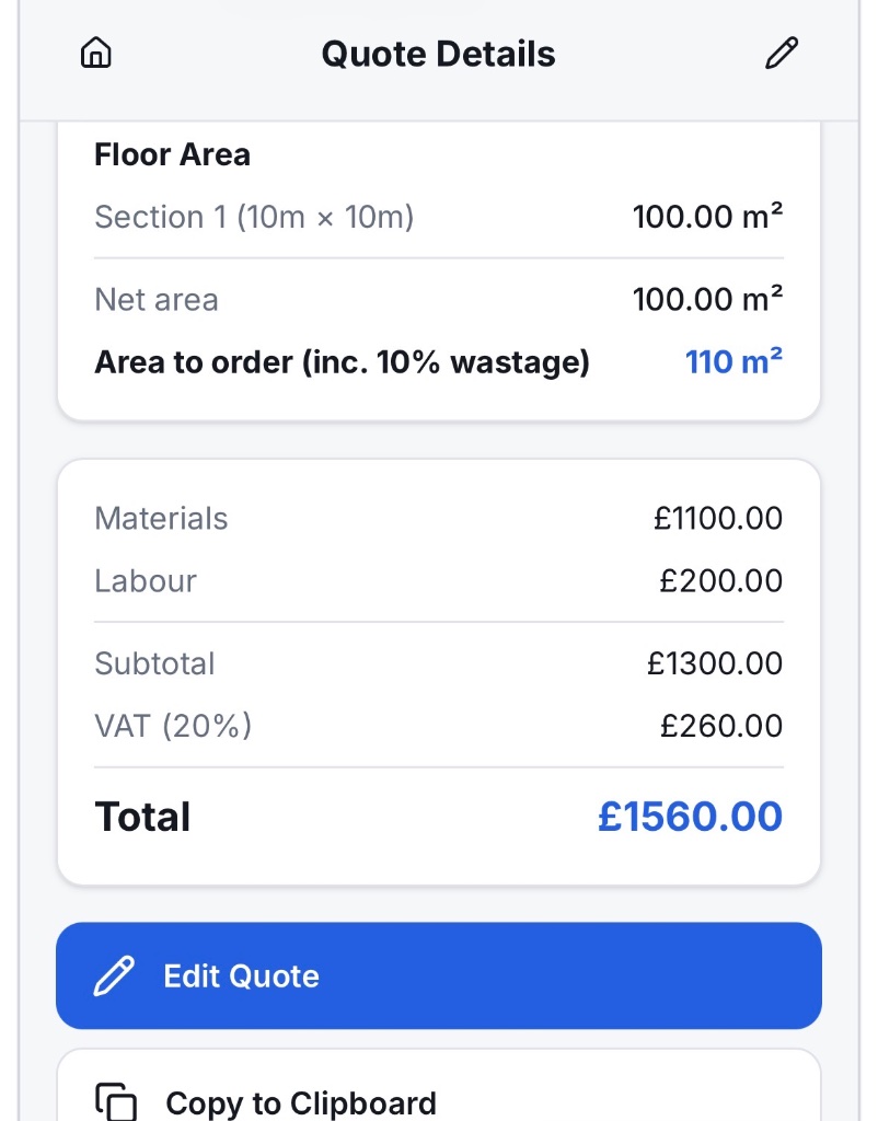 JobCalc quote details showing floor area calculations and pricing breakdown