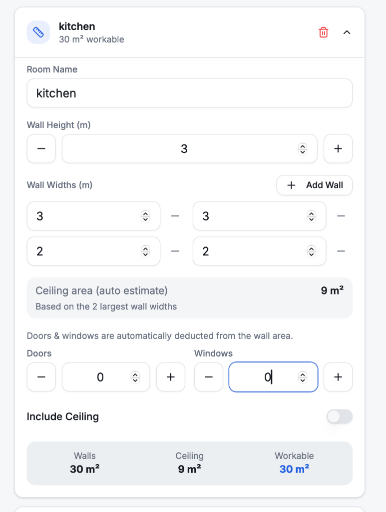 JobCalc plastering quote calculator showing room dimensions and bags of plaster