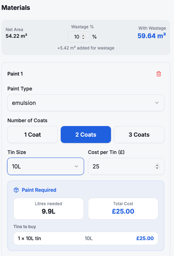 JobCalc painting quote calculator showing paint tins per room size and coats
