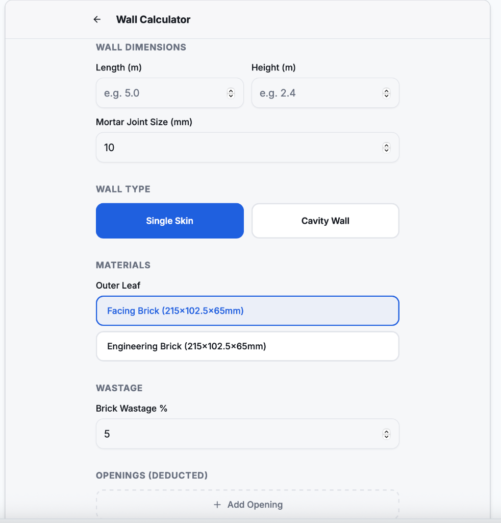 JobCalc brick and block calculator showing bricks, blocks, mortar and DPC for a wall