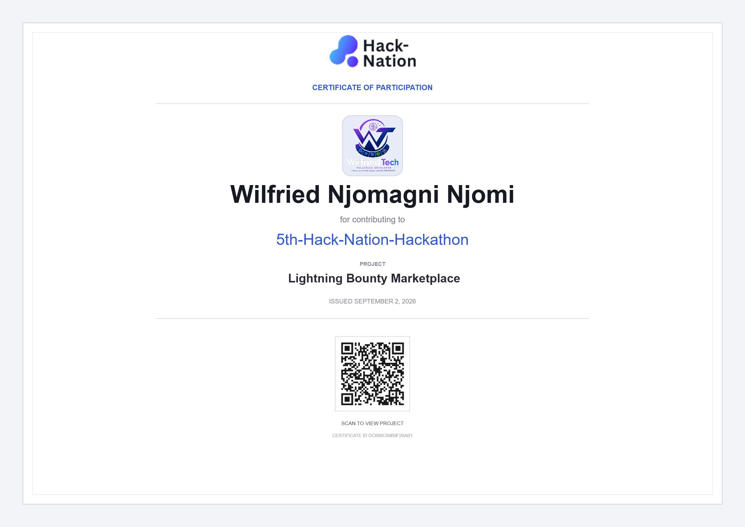 5th Hack-Nation Hackathon Certificate