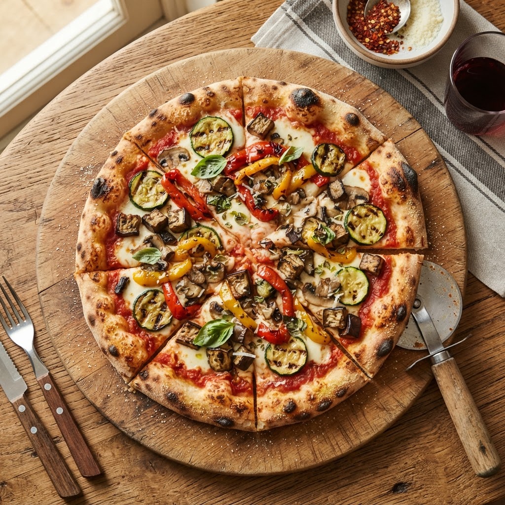 Pomodoro, mozzarella fiordilatte, friarielli, salsiccia, scaglie di grana e origano