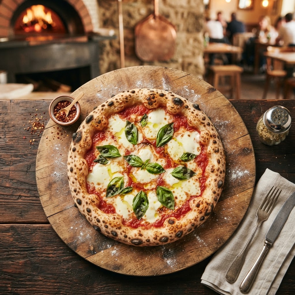 Pomodoro, mozzarella fiordilatte, prosciutto cotto, carciofi, würstel, funghi, olive e origano