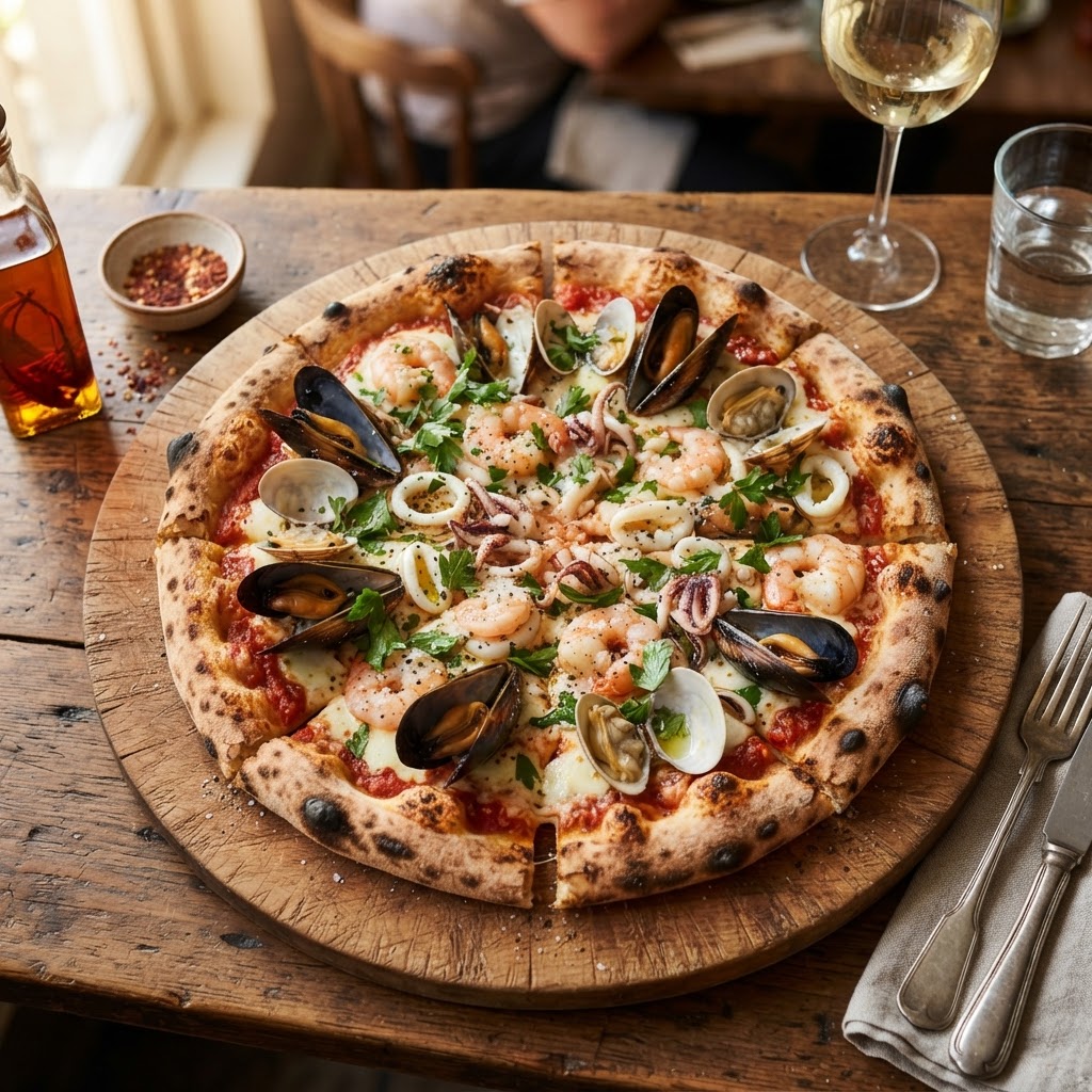 Pomodoro, fior di latte, frutti di mare, prezzemolo