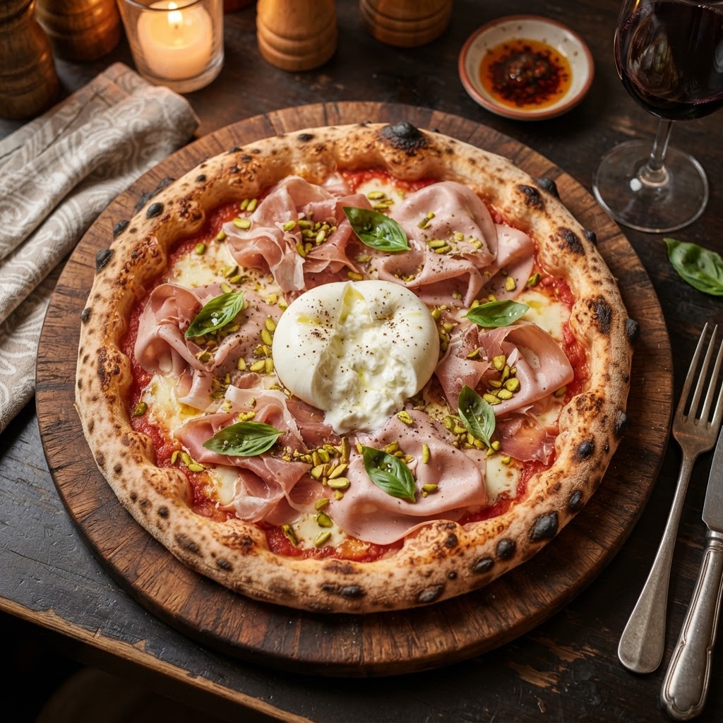 Pomodoro, mozzarella fiordilatte, mortadella, burrata, granella di pistacchio e origano