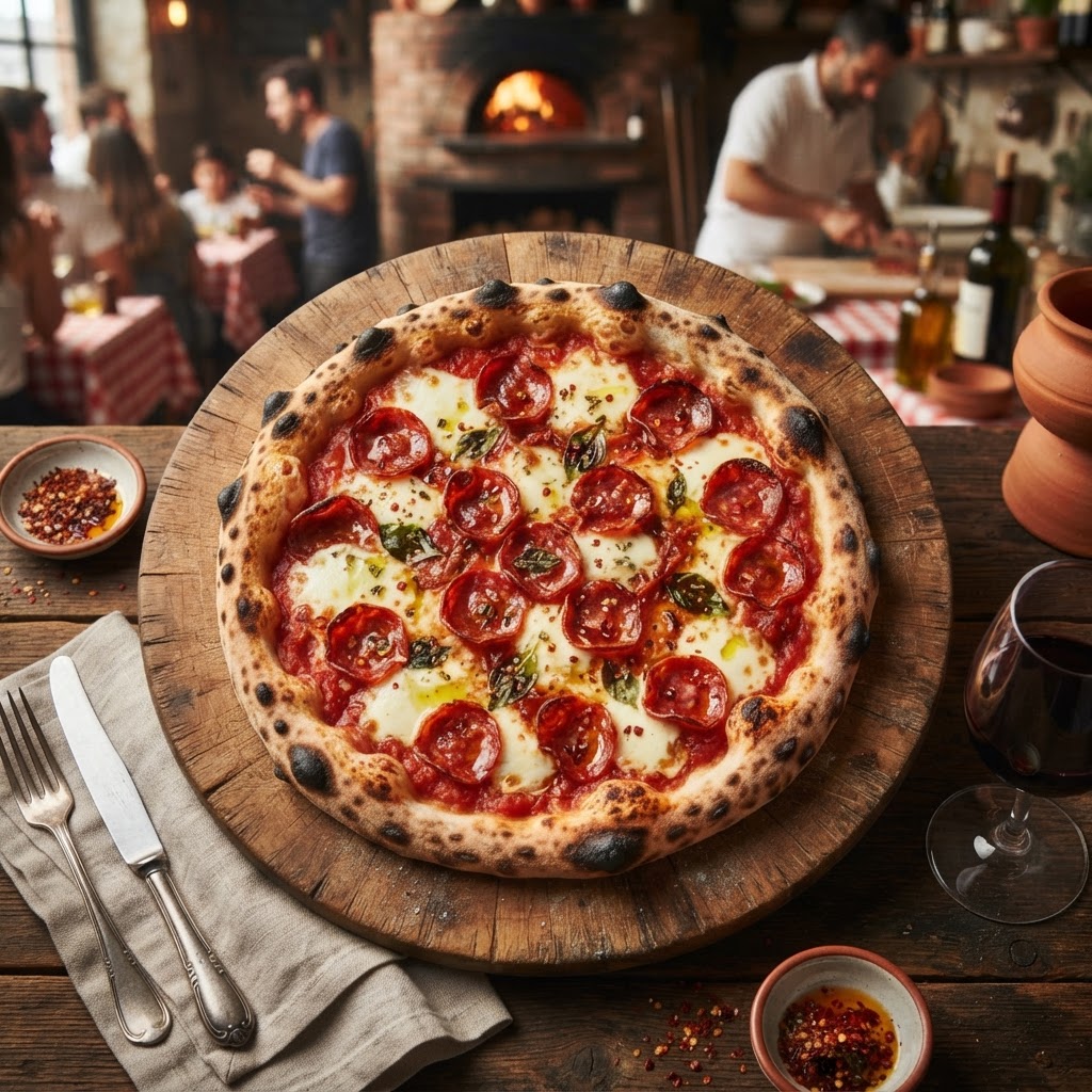 Pomodoro, fior di latte, salsiccia, salame piccante, patate a forno, glassa di aceto balsamico, origano