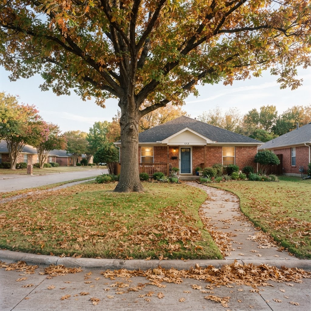 Illustrative image of a North Texas brick-home yard with autumn oak leaves, representing the Euless leaf removal service area; not a customer job photo