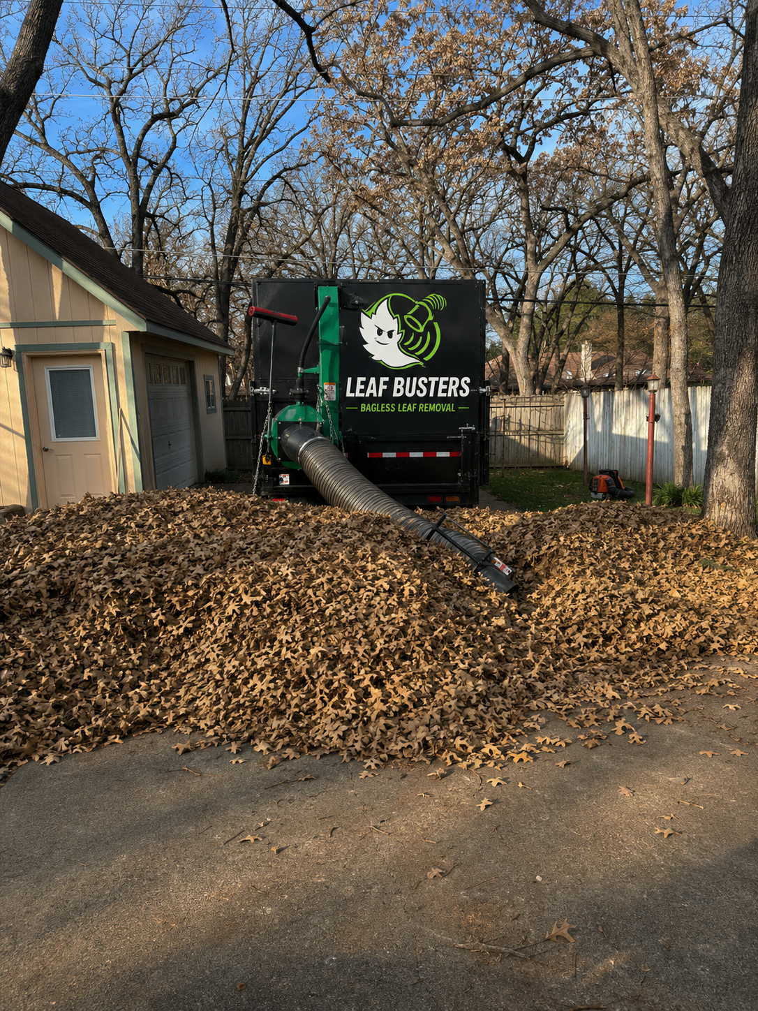 Leaf Busters bagless leaf removal trailer with its suction hose vacuuming a massive pile of dry autumn leaves on a residential driveway