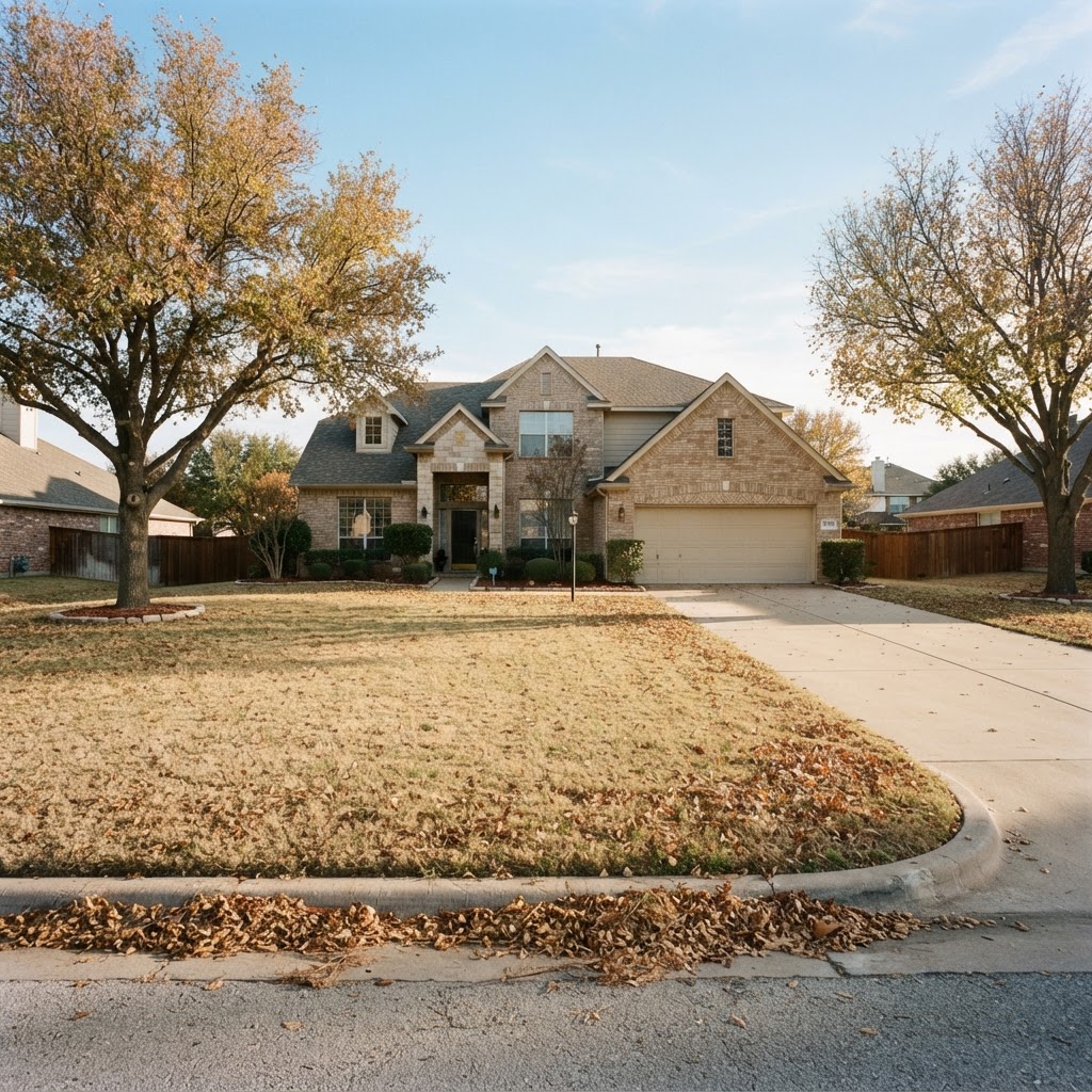 Illustrative image of a North Texas front lawn with fallen leaves beside a driveway, representing the Grand Prairie leaf removal service area; not a customer job photo