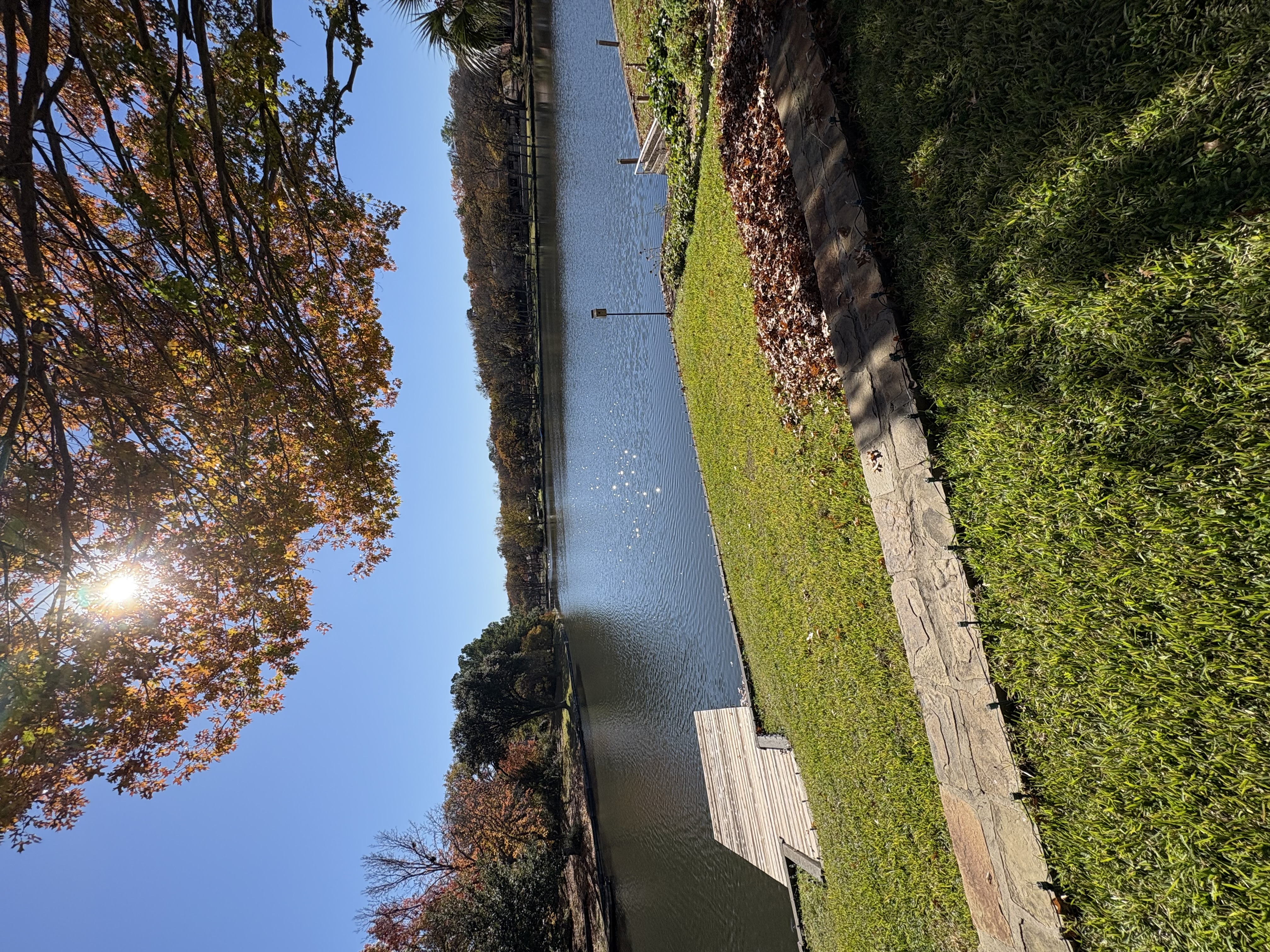 Fall leaf cleanup in Fort Worth TX — autumn leaves collecting along a lakeside lawn and stone pathway, the kind of yard Leaf Busters clears bagless across DFW