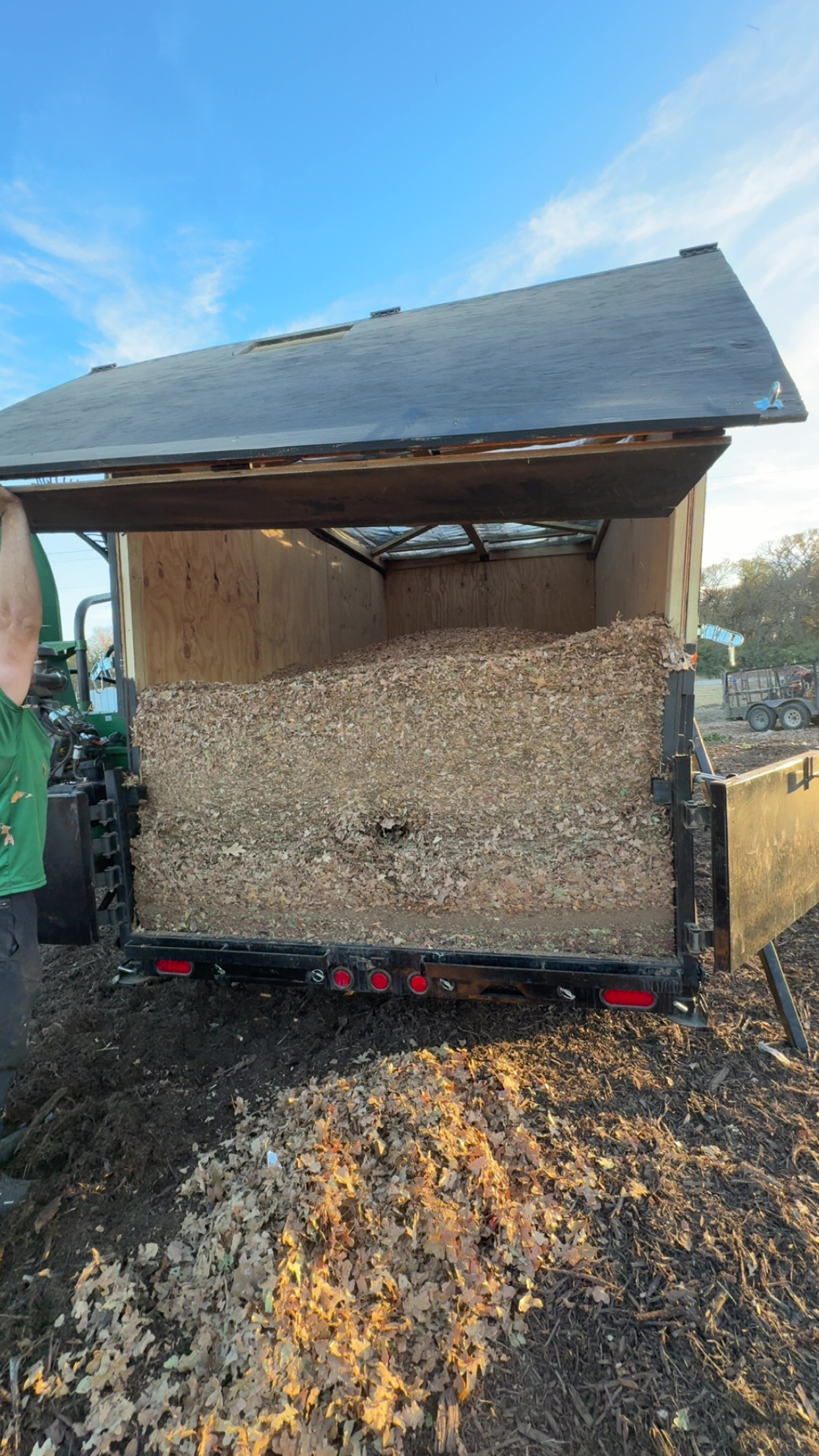 Leaf Busters trailer tilted up to dump a load of shredded leaf mulch, with the discharged mulch piling on the ground