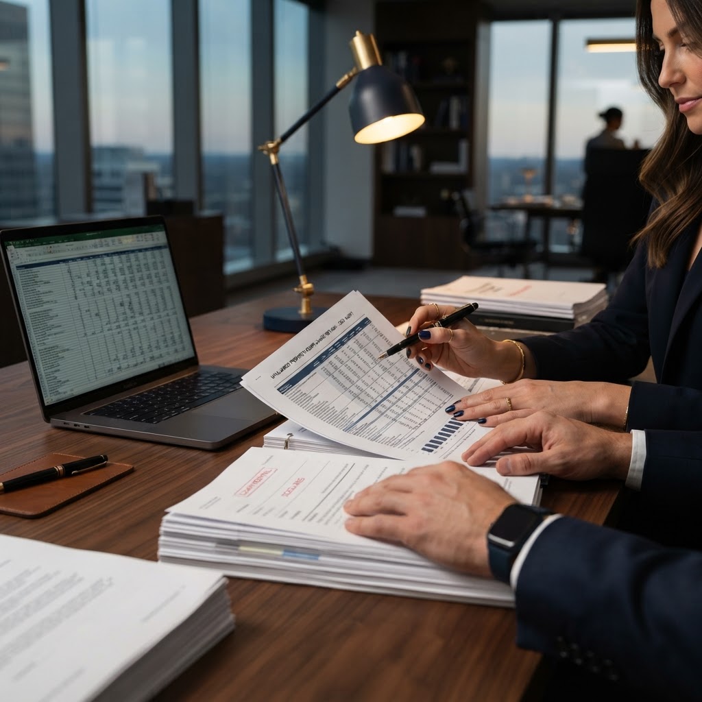 Business team reviewing compliance documents