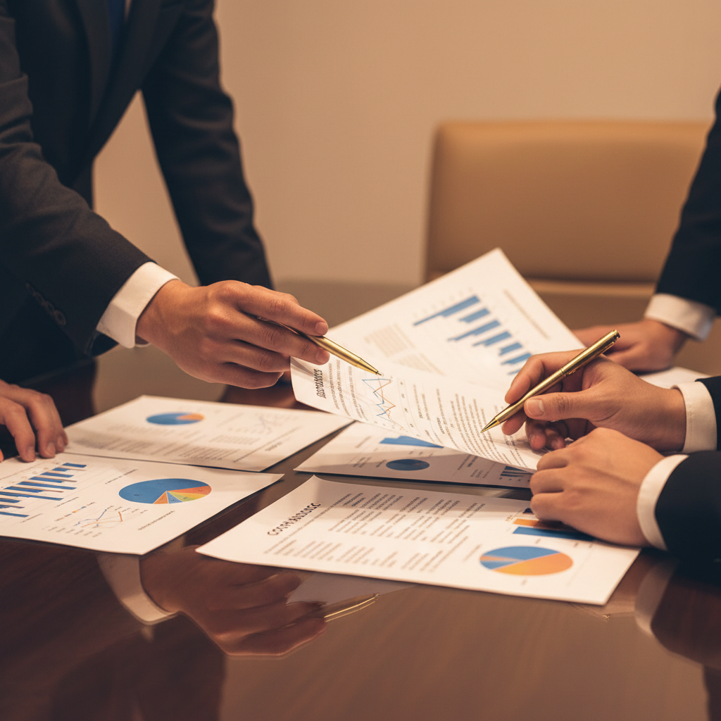 Business team analyzing compliance documents