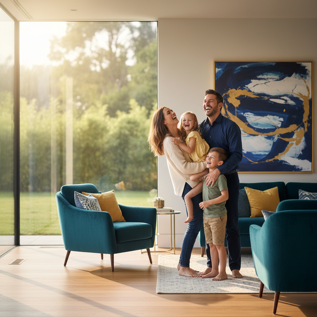 A family feeling safe and secure in their warm home
