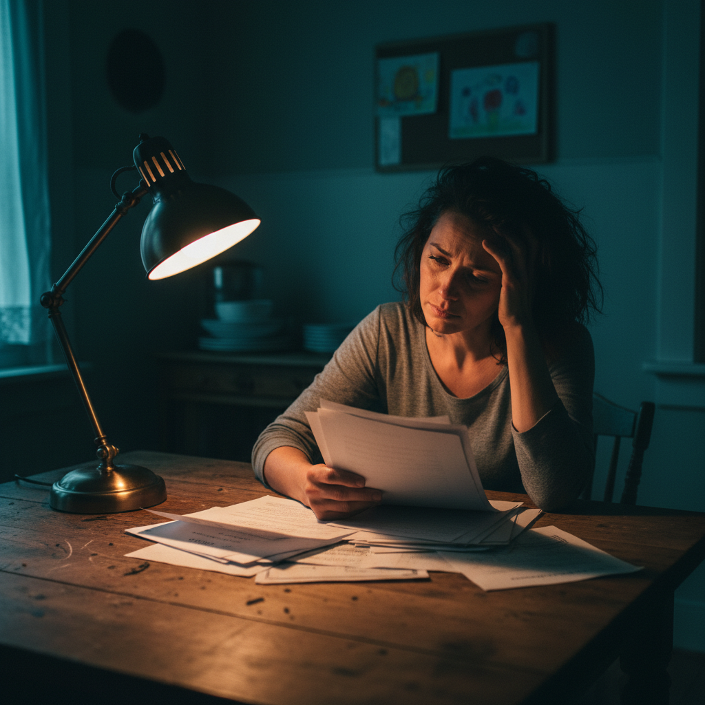 A mother alone at night, overwhelmed by financial paperwork