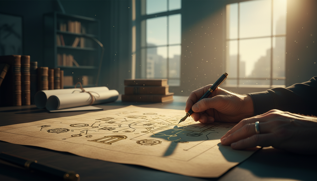 Architect drafting a financial legacy map in golden afternoon light