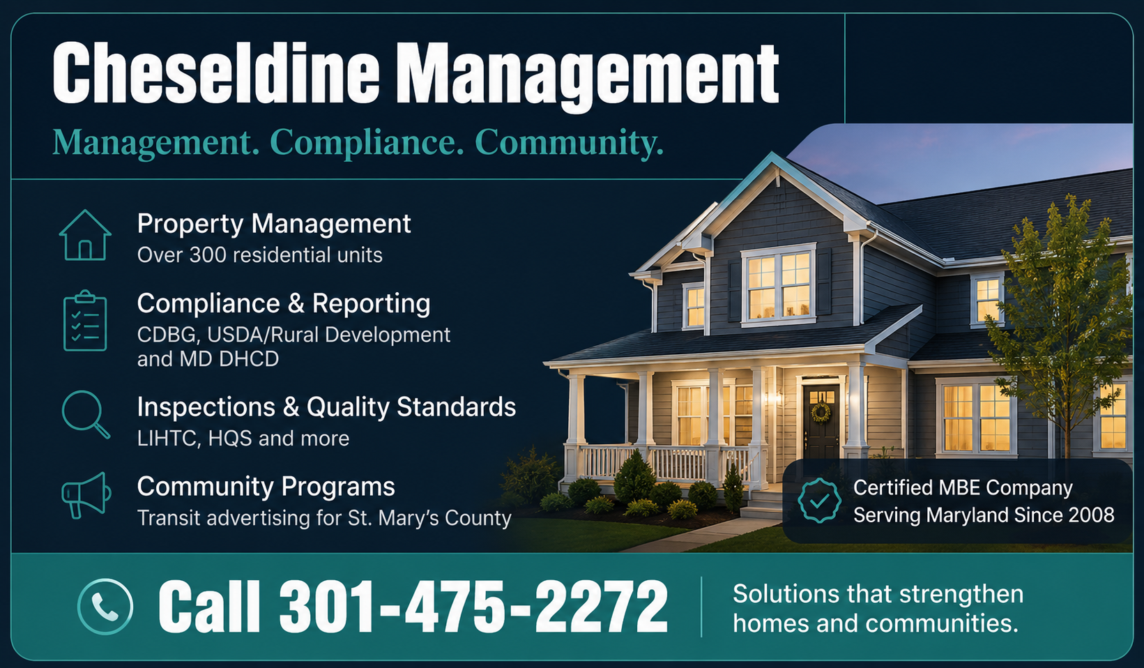 Cheseldine Management banner: Management. Compliance. Community. — property management, compliance, inspections, and community programs, certified MBE since 2008