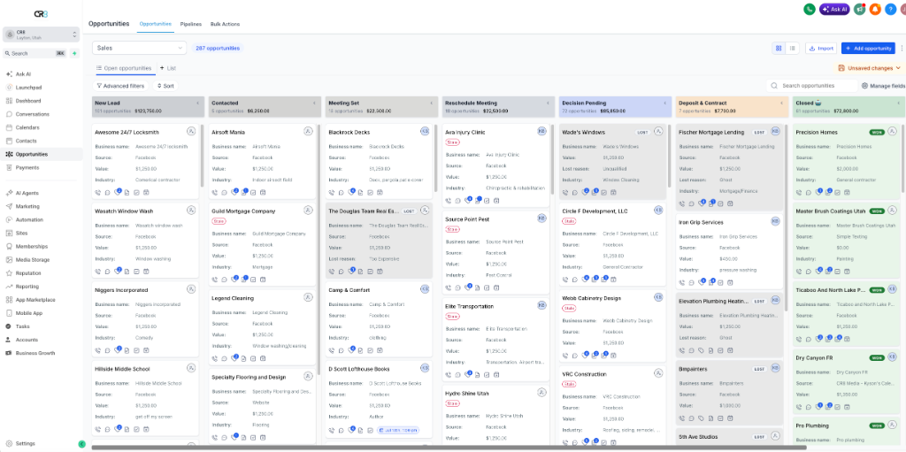 Sales pipeline CRM showing leads moving through stages to closed