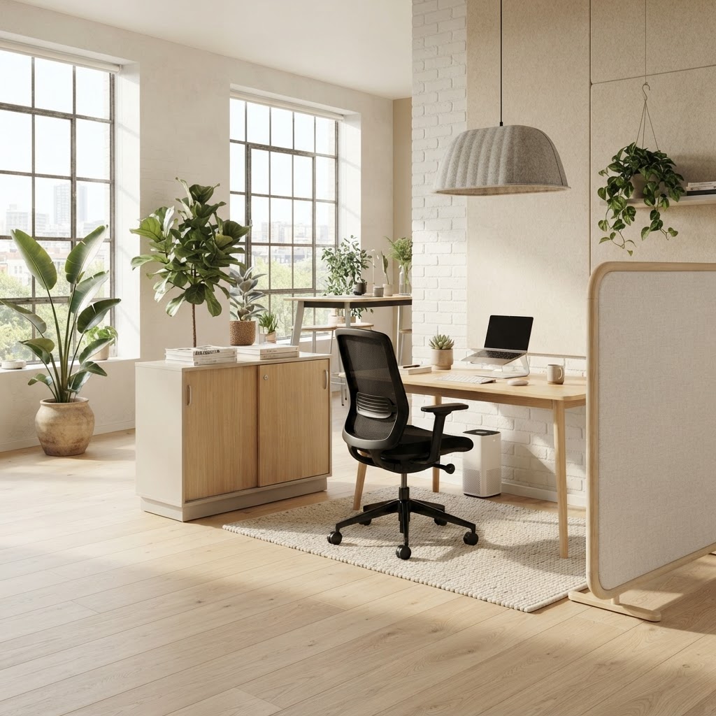 Modernt kontor med biofili, naturmaterial och genomtänkt akustikdesign i skandinavisk stil.