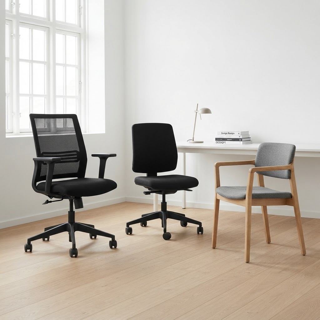 Ergonomisk kontorsstol med justerbara armstöd och lumbärt stöd i ett modernt kontor.