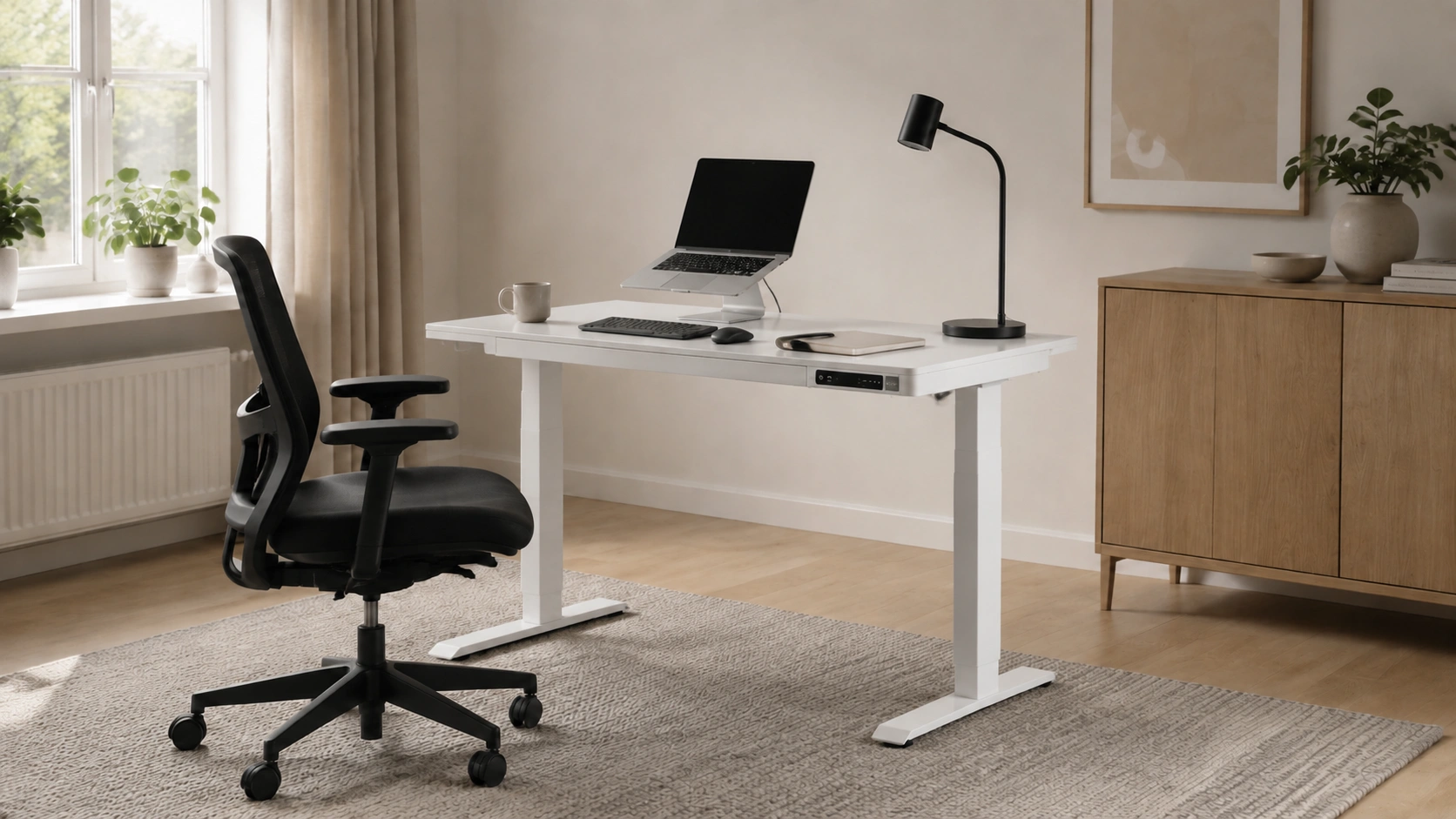 Ergonomiskt skrivbord i ett ljust hemmakontor med bra belysning och smart förvaring.