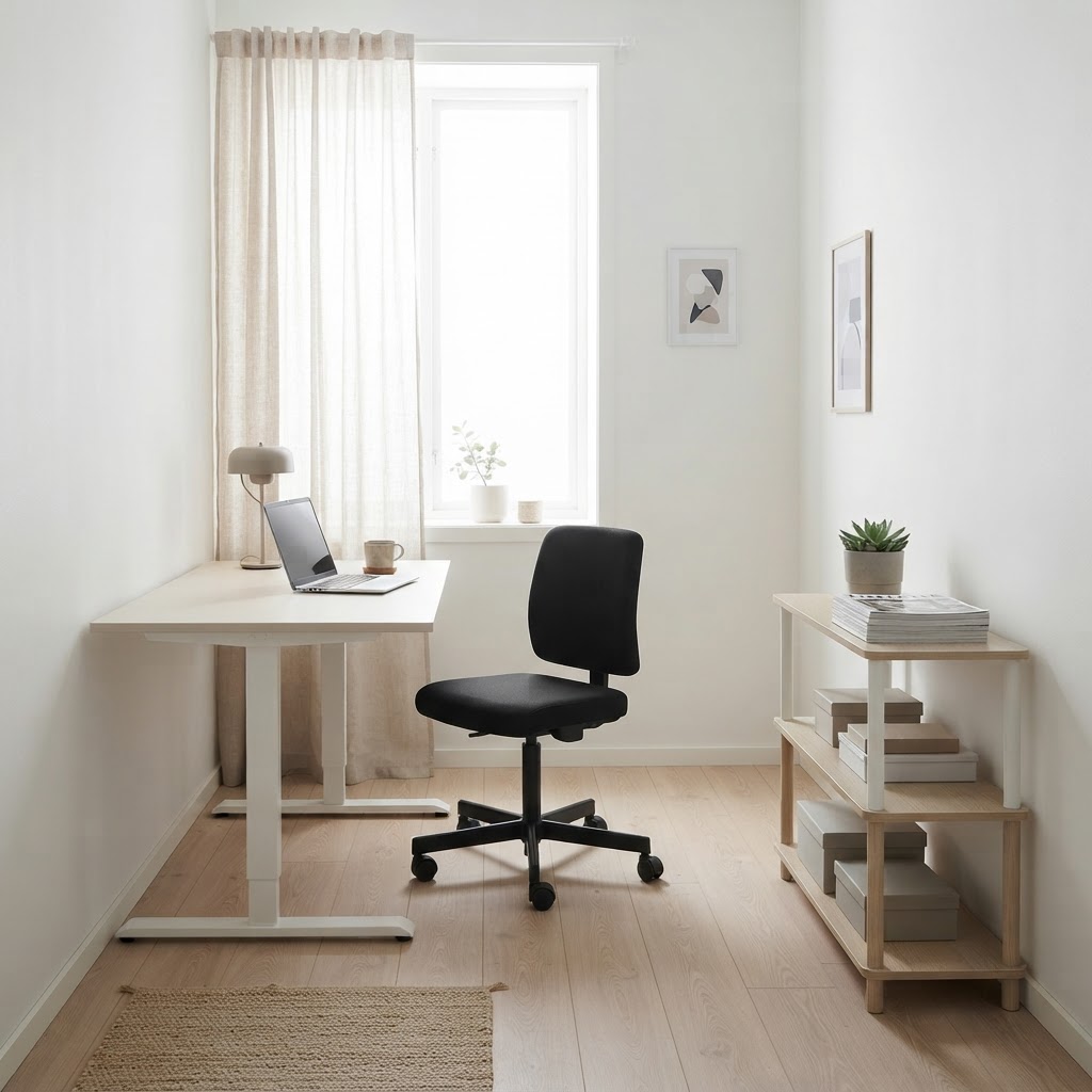Kompakt skrivbord i ett litet hemmakontor med smart förvaring och god ergonomi.