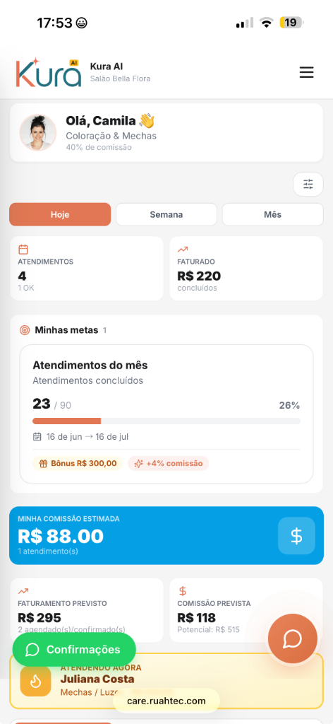 Painel profissional do Kura no celular