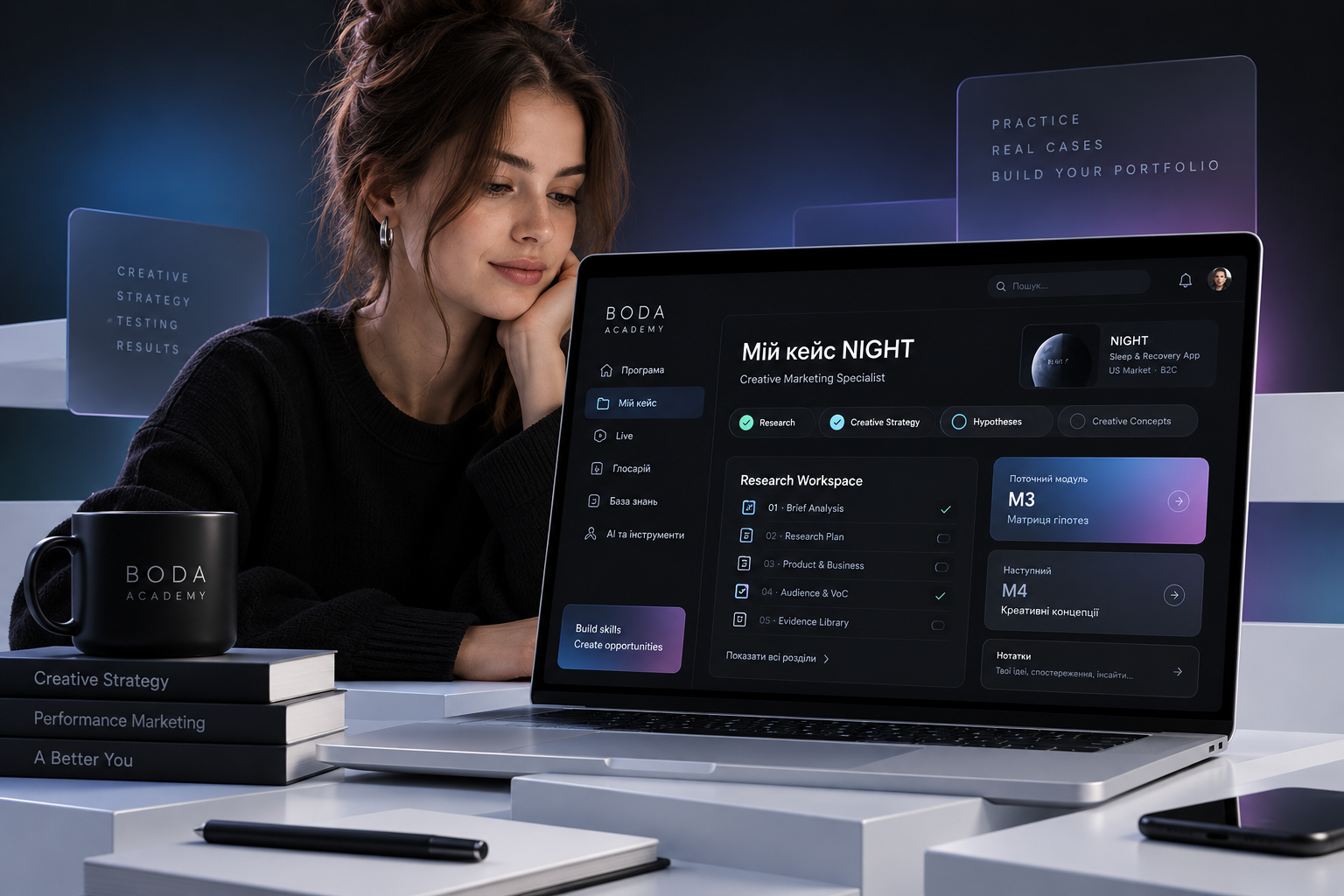 Student working in the BODA Academy platform on the NIGHT case