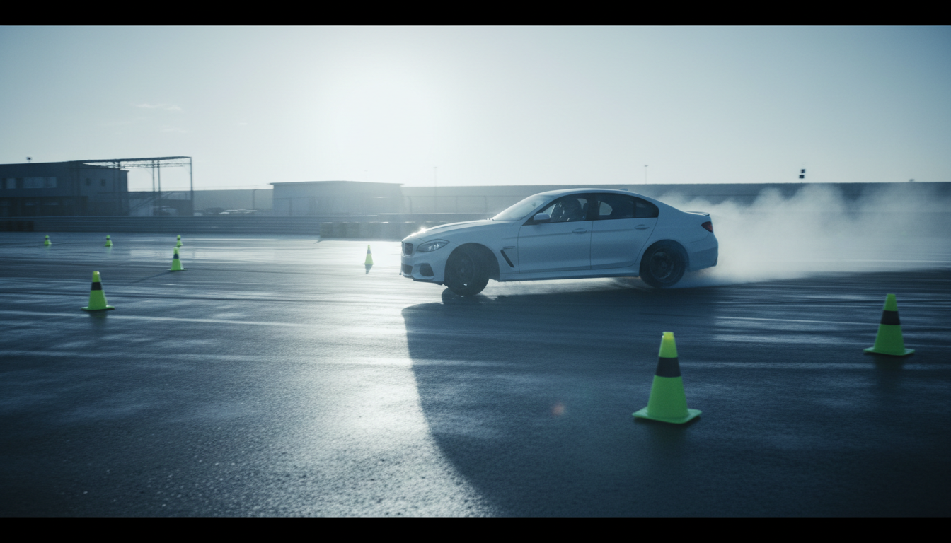 Car drifting sideways on wet professional training track