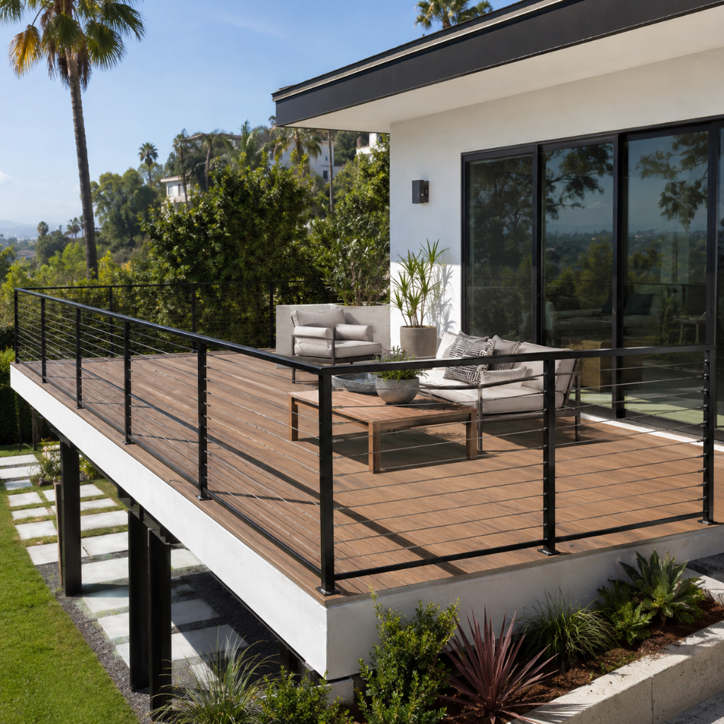 Custom cable railing installed on an outdoor deck