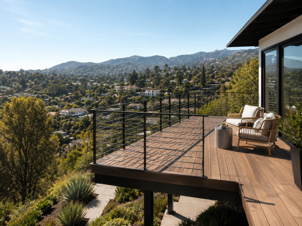 Hillside deck with custom railing for a Los Angeles property