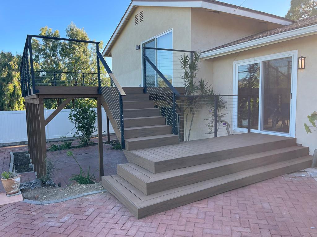 Trex composite balcony deck with custom cable railing in Agoura Hills, California