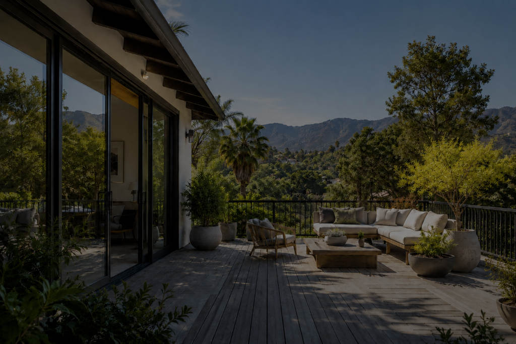 Luxury outdoor deck with mountain view