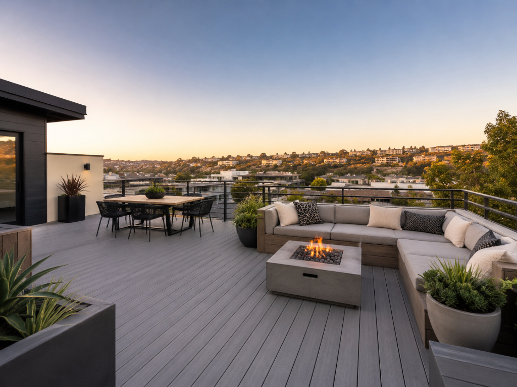 Modern rooftop deck with railing built for an outdoor living space