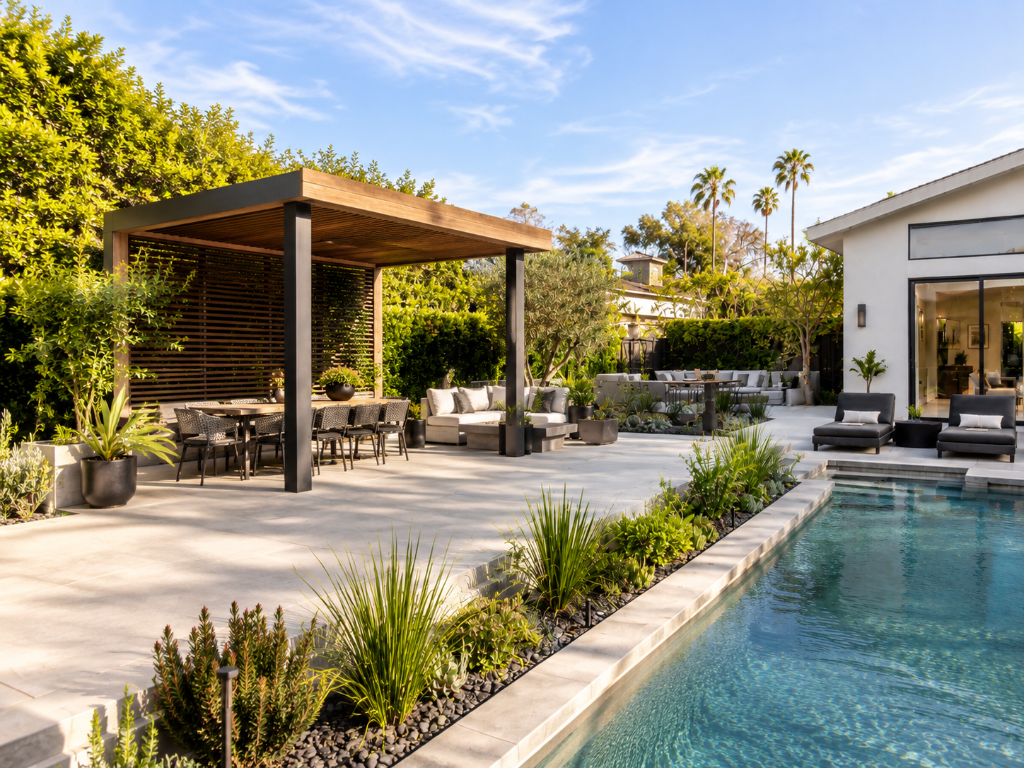 Luxury outdoor living space with pool and patio cover