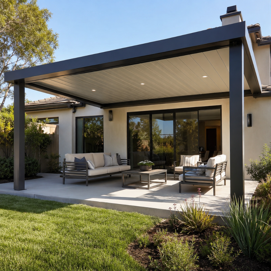 Modern outdoor living space with deck and patio cover